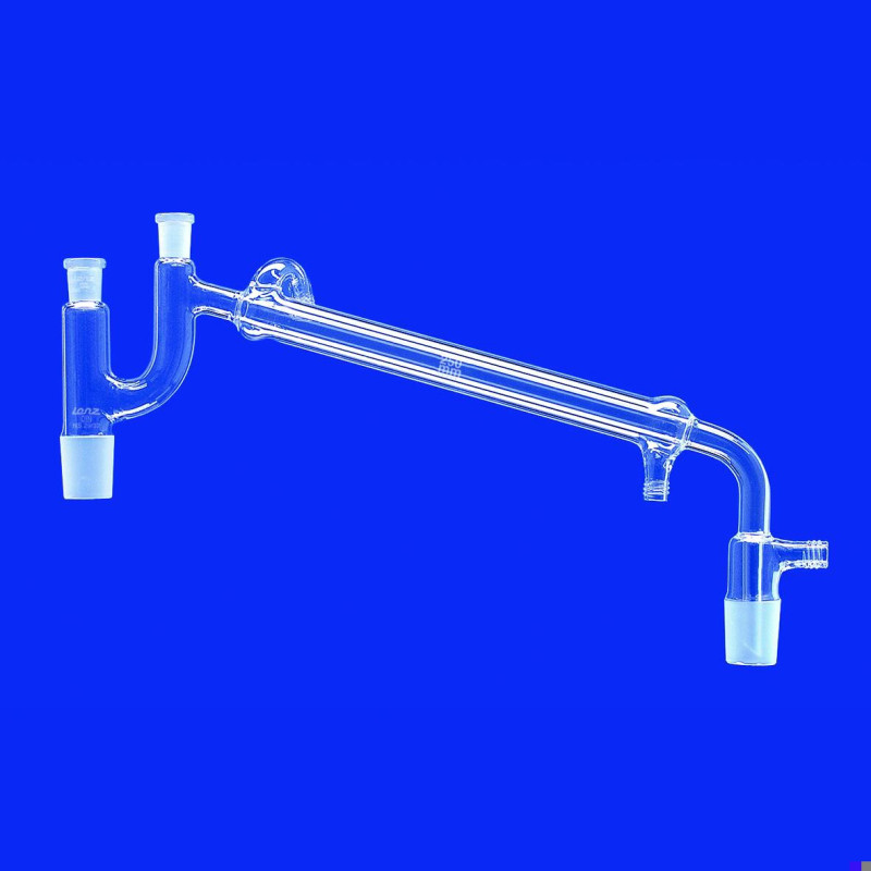 PONT DE DISTILLATION EN VERRE DURAN SELON CLAISEN SORTIE DROITE FEMELLE 14/23 MALE 14/23 RACCORD A VIS ET PRISE DE VIDE LONGUEUR 250 mm