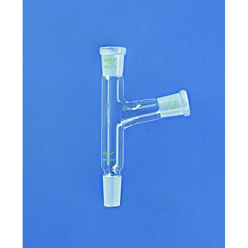 RACCORD EN VERRE DURAN 2 COLS A RODAGES FEMELLES DROIT ET INCLINE 105°, SORTIE MALE