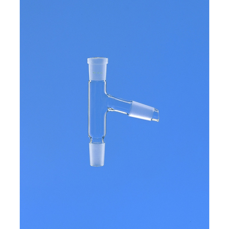 TETE DE DISTILLATION EN VERRE DURAN, COL A RODAGE FEMELLE 14/23, 2 SORTIES MALES