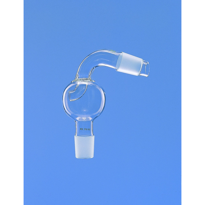TETE DE DISTILLATION EN VERRE DURAN AVEC AMPOULE DE GARDE A RODAGE MALE 24/29 RODAGE FEMELLE 19/26 SORTIE COUDEE