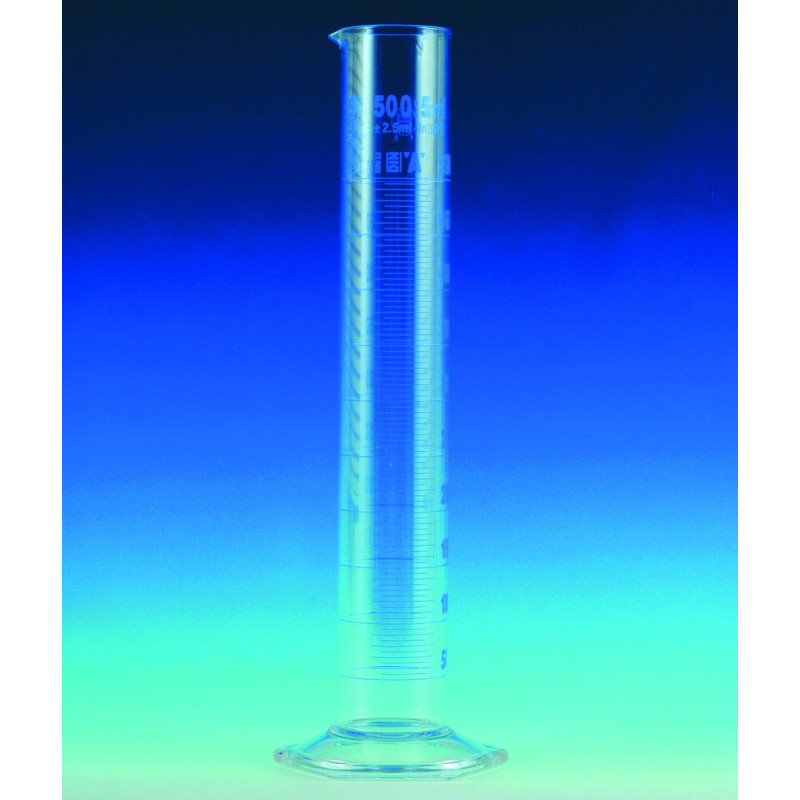 EPROUVETTE EN VERRE BOROSILICATE CLASSE A, GRADUATIONS BLEUES 25 ML