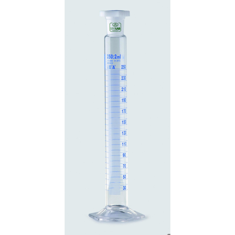 EPROUVETTE EN VERRE BOROSILICATE ISOLAB, COL RODE CLASSE A, GRADUATIONS BLEUES BOUCHON EN PP