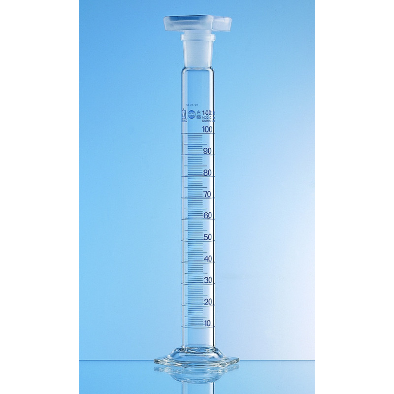 EPROUVETTE EN VERRE DURAN BLAUBRAND, COL RODE CLASSE A, GRADUATIONS BLEUES BOUCHON EN PP