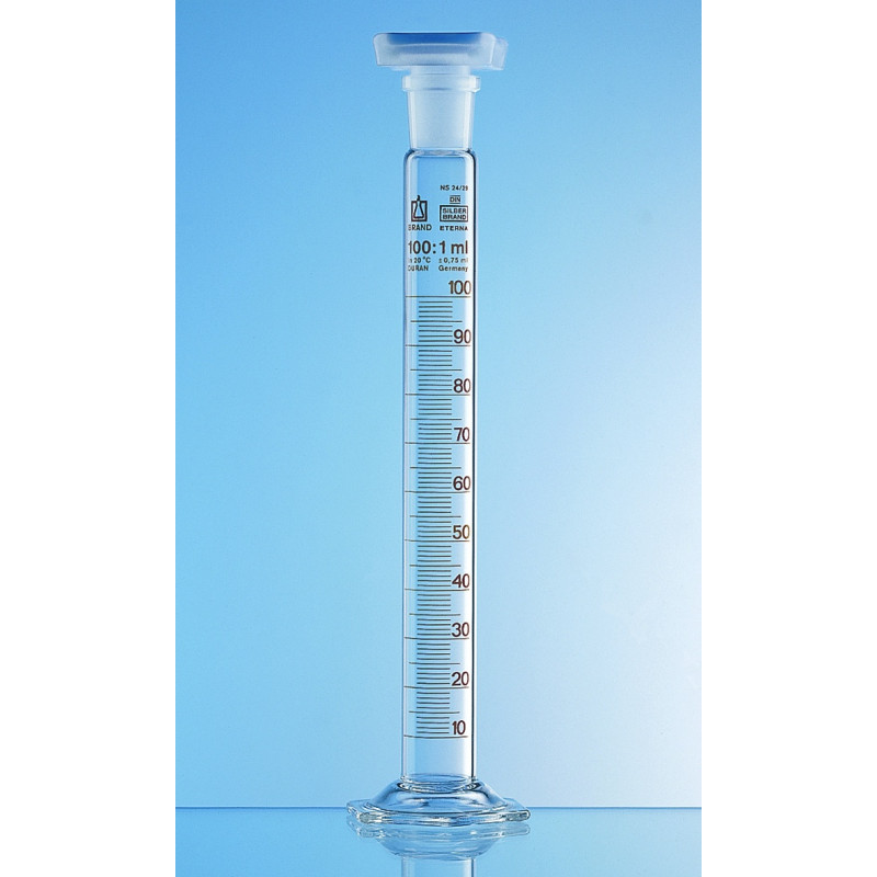 EPROUVETTE EN VERRE DURAN SILBERBRAND, COL RODE CLASSE B, GRADUATIONS BRUNES BOUCHON EN PP