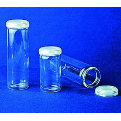 FLACON PILULIER EN VERRE A COUVERCLE COIFFANT EN PE 10 ml HAUTEUR X DIAMETRE 45 x 23 mm PAR 200