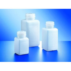 FLACON CARRE INCOLORE EN POLYETHYLENE HAUTE DENSITE A COL LARGE 250 ml, SANS BOUCHON