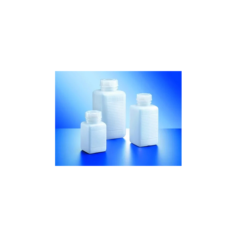 FLACON CARRE INCOLORE EN POLYETHYLENE HAUTE DENSITE A COL LARGE 1000 ml, SANS BOUCHON
