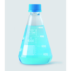 FIOLE ERLENMEYER EN VERRE BOROSILICATE 250 ml AVEC BOUCHON A VIS GL32 EN PP BLEU