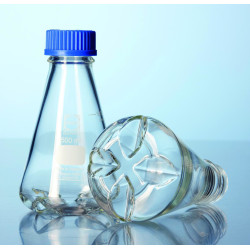 FIOLE ERLENMEYER DE CULTURE EN VERRE DURAN, COL A VIS GL 45 AVEC DEFLECTEURS ET BOUCHON