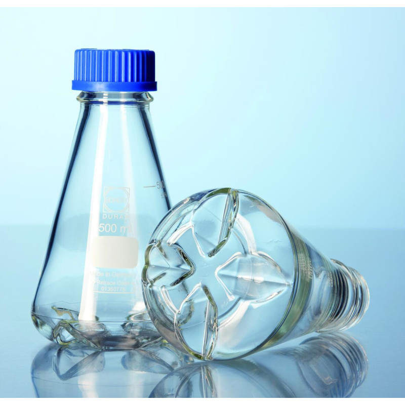 FIOLE ERLENMEYER DE CULTURE EN VERRE DURAN, COL A VIS GL 45 AVEC DEFLECTEURS ET BOUCHON