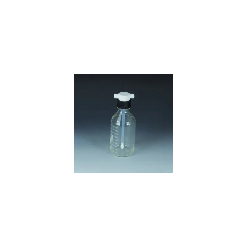 FLACON LAVEUR EN VERRE BOROSILICATE COL A VIS GL 45 AVEC TETE ET BOUCHON EN PTFE, TUBULURE EN FEP, 500 ML