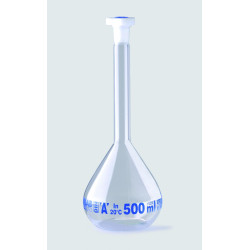 FIOLE JAUGEE EN VERRE BOROSILICATE A COL RODE 19/26 CLASSE A BOUCHON EN POLYPROPYLENE 500 ML