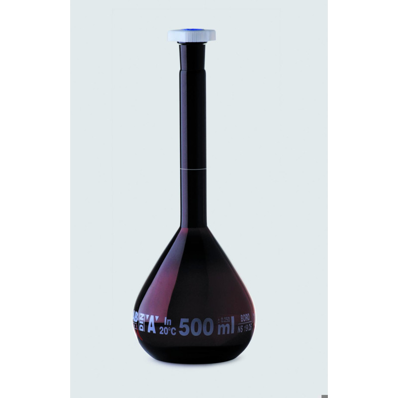 FIOLE JAUGEE EN VERRE BOROSILICATE BRUN A COL RODE 12/21 CLASSE A BOUCHON EN POLYPROPYLENE 50 ML