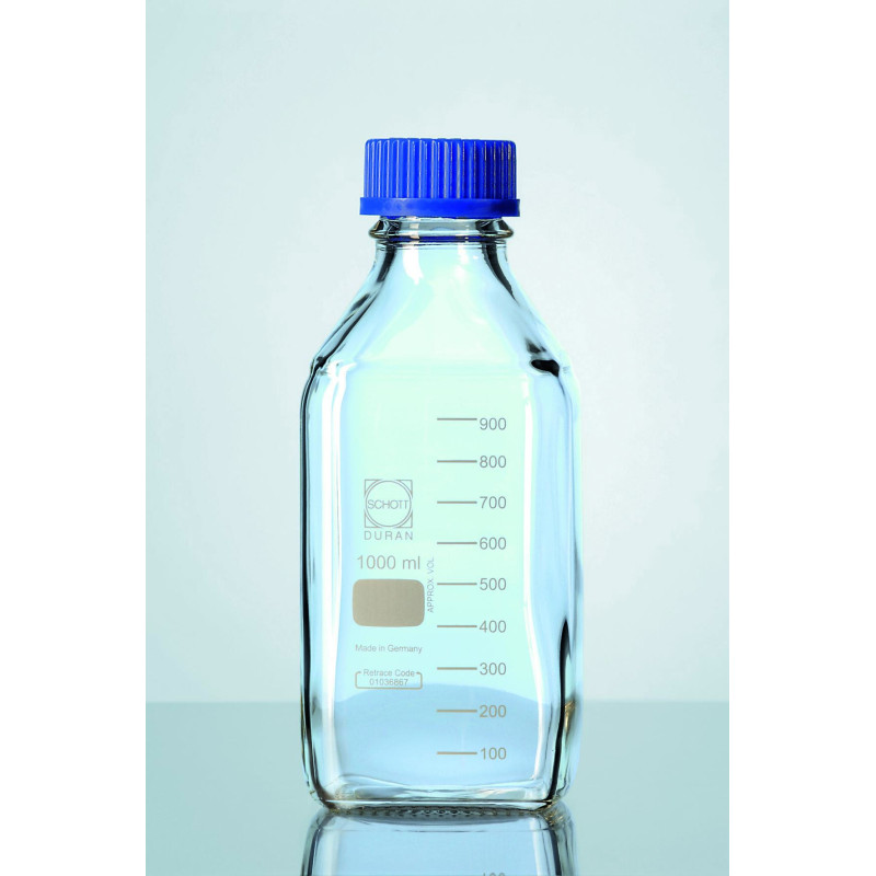 FLACON ISO CARRE EN VERRE DURAN COL A VIS GL 32 AVEC BOUCHON 100 ML