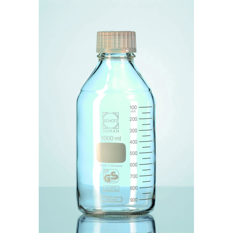 FLACON ISO QUALITE PREMIUM EN VERRE DURAN COL A VIS GL 45 AVEC BOUCHON 1000 ML