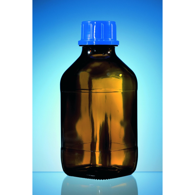 FLACON CARRE EN VERRE BRUN SODOCALCIQUE REVETU PLASTIQUE COL A VIS GL 45 AVEC BOUCHON 1000 ML