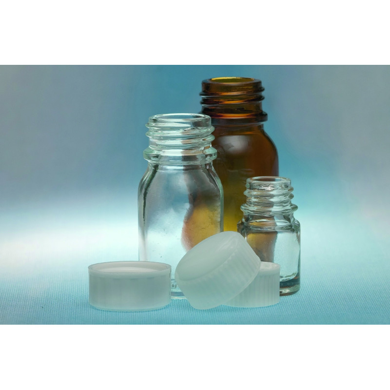 FLACON EN VERRE TRANSPARENT COL ETROIT A VIS, BAGUE PH 18 MM CAPACITE 15 ML PAR 216