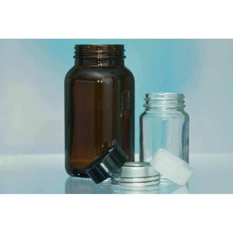 FLACON EN VERRE TRANSPARENT COL LARGE A VIS TYPE GCMI, BAGUE 58 MM CAPACITE 500 ML PAR 33