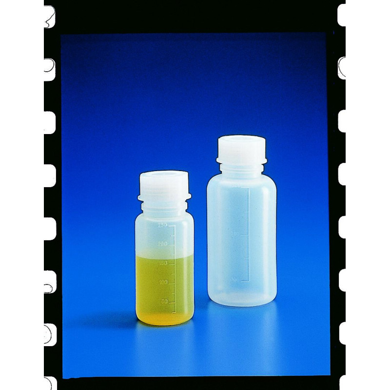 FLACON GRADUE EN POLYETHYLENE A COL LARGE 2000 ml AVEC BOUCHON GL63 ET OBTURATEUR INCORPORE