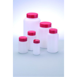 FLACON EN POLYETHYLENE HAUTE DENSITE, COL A VIS LARGE, ASEPTIQUE AVEC BOUCHON ROUGE