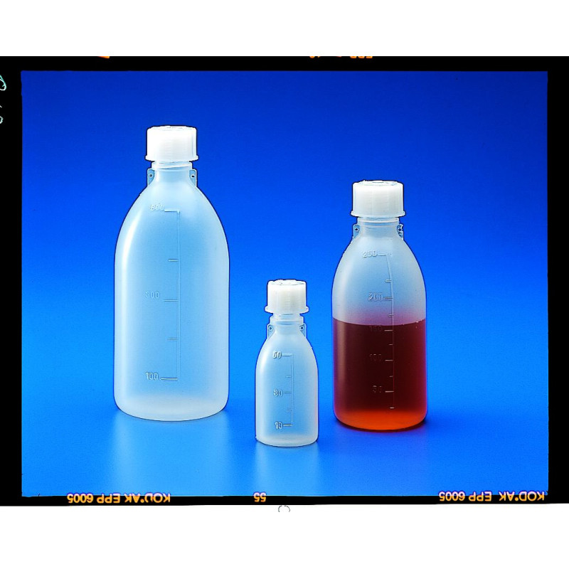 FLACON EN POLYPROPYLENE, AVEC GRADUATIONS COL A VIS ETROIT AVEC BOUCHON PERFORE POUR PLOMBAGE