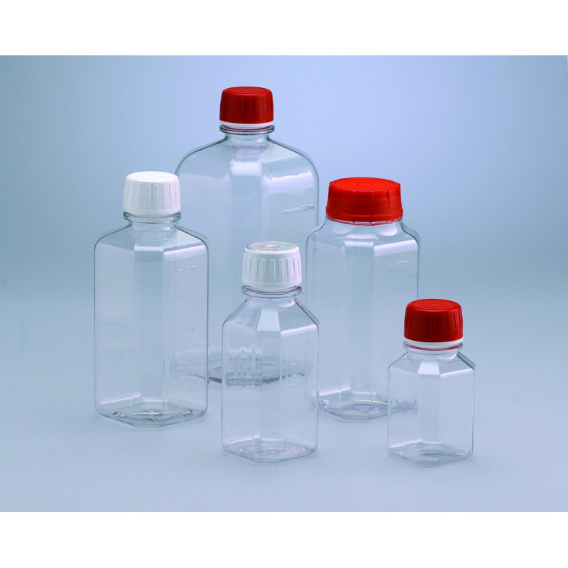 FLACON OCTOGONAL EN PET, COL A VIS LARGE AVEC GRADUATIONS, ASEPTIQUE AVEC BOUCHON ROUGE