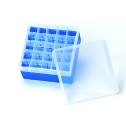 BOITE DE STOCKAGE EN POLYPROPYLENE BLEU POUR 25 (5 x 5) FLACONS DE CHROMATOGRAPHIE 5/10/20 ml