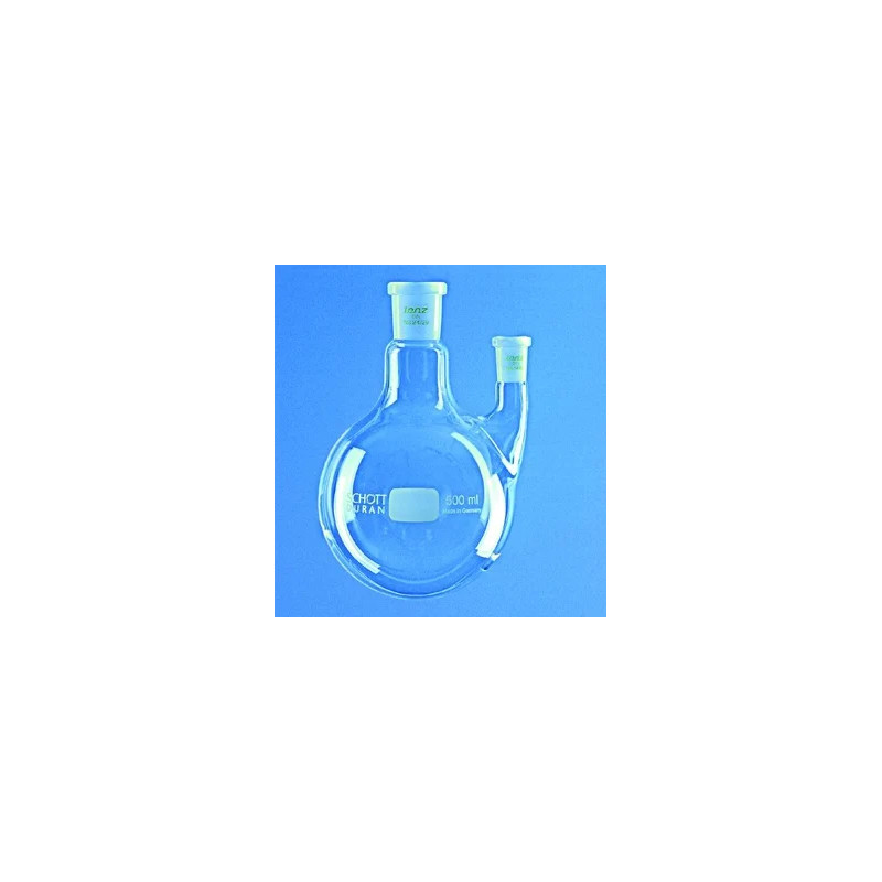 BALLON EN VERRE DURAN FOND ROND BICOL 500 ml COL CENTRAL 29/32, TUBULURE LATERALE VERTICALE 29/32