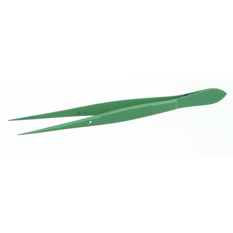 PINCE BRUCELLE EN INOX FORME DROITE, BOUTS POINTUS LONGUEUR 115 mm, AVEC REVETEMENT PTFE