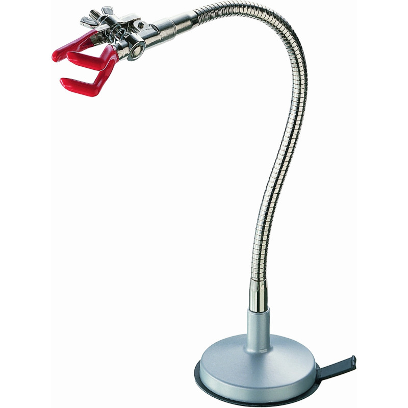 PINCE POUR STATIF EN ZINC, 3 DOIGTS REVETUS VINYL ROUGE, TIGE FLEXIBLE SUR SOCLE RONDE