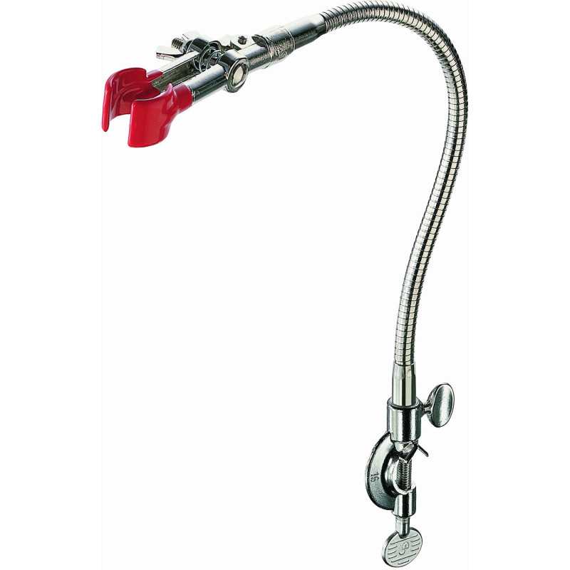 PINCE POUR STATIF EN ZINC, MACHOIRES RONDES REVETUES VINYL ROUGE, TIGE FLEXIBLE AVEC NOIX DE SERRAGE
