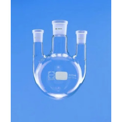 BALLON EN VERRE DURAN FOND ROND TRICOL 100 ml COL CENTRAL 29/32, TUBULURES LATERALES VERTICALES 19/26