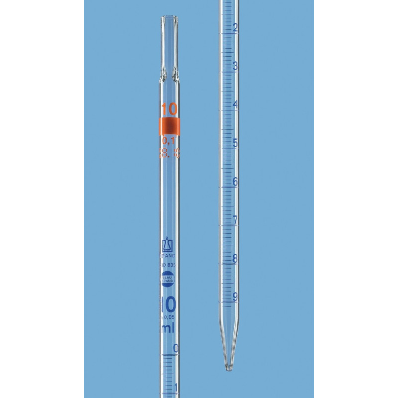 PIPETTE GRADUEE EN VERRE BLAUBRAND CLASSE AS GRADUATIONS BLEUES ECOULEMENT TOTAL ZERO EN HAUT, AVEC 
