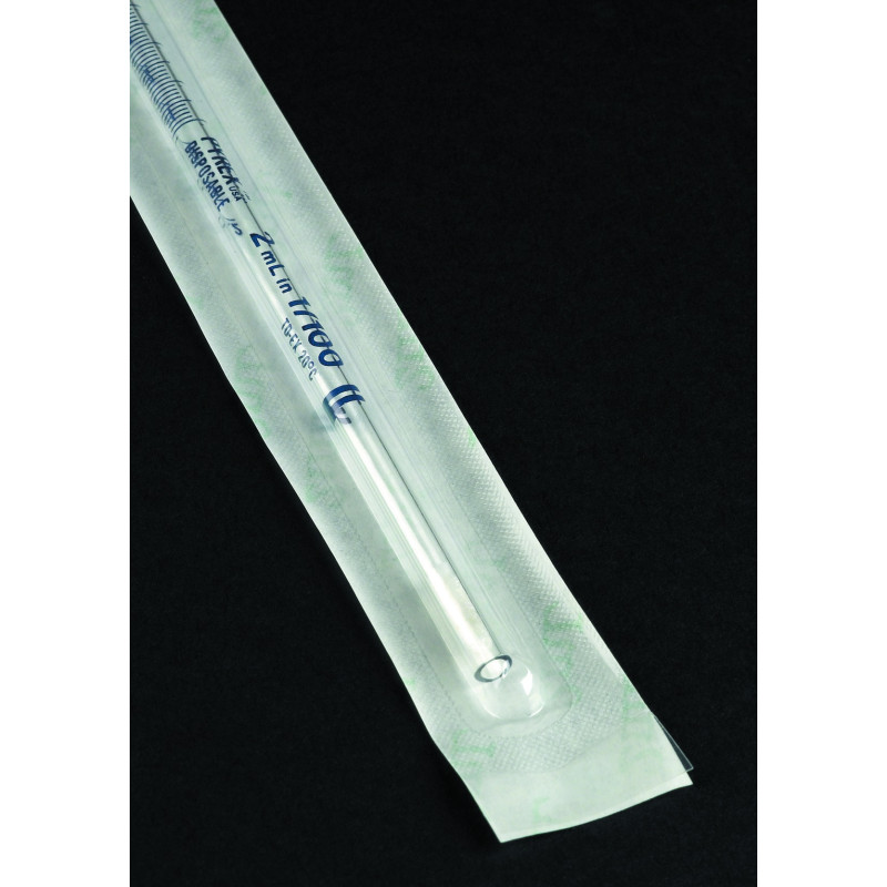 PIPETTE SEROLOGIQUE EN VERRE PYREX A USAGE UNIQUE, STERILE COTTONNEE, EMBALLAGE INDIVIDUEL