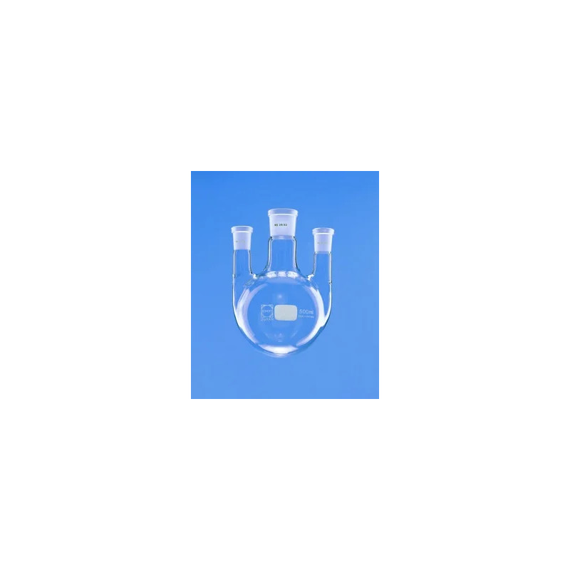 BALLON EN VERRE DURAN FOND ROND TRICOL 1000 ml COL CENTRAL 45/40, TUBULURES LATERALES VERTICALES 29/32