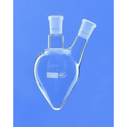 BALLON EN VERRE DURAN FORME POIRE BICOL 25 ml COL CENTRAL 14/23, TUBULURE LATERALE VERTICALE 14/23