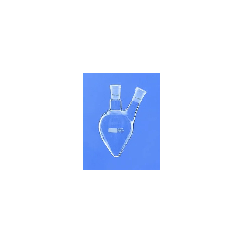 BALLON EN VERRE DURAN FORME POIRE BICOL 25 ml COL CENTRAL 14/23, TUBULURE LATERALE VERTICALE 14/23