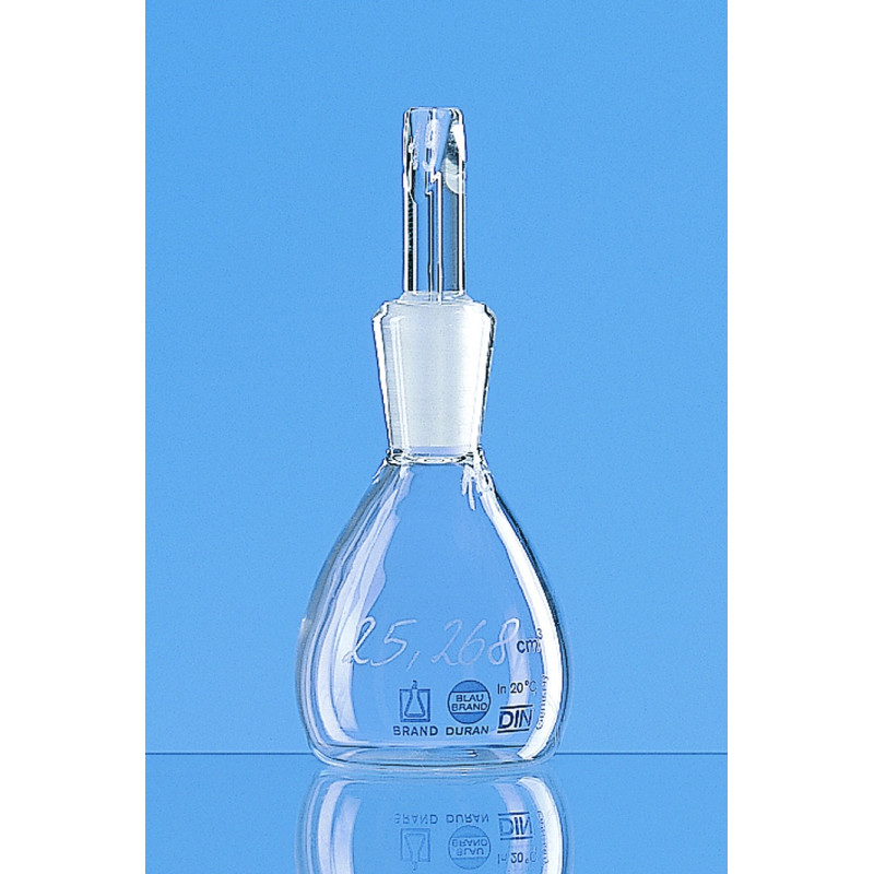 PYCNOMETRE CALIBRE EN VERRE BOROSILICATE BLAUBRAND, COL RODE 10/19 AVEC BOUCHON