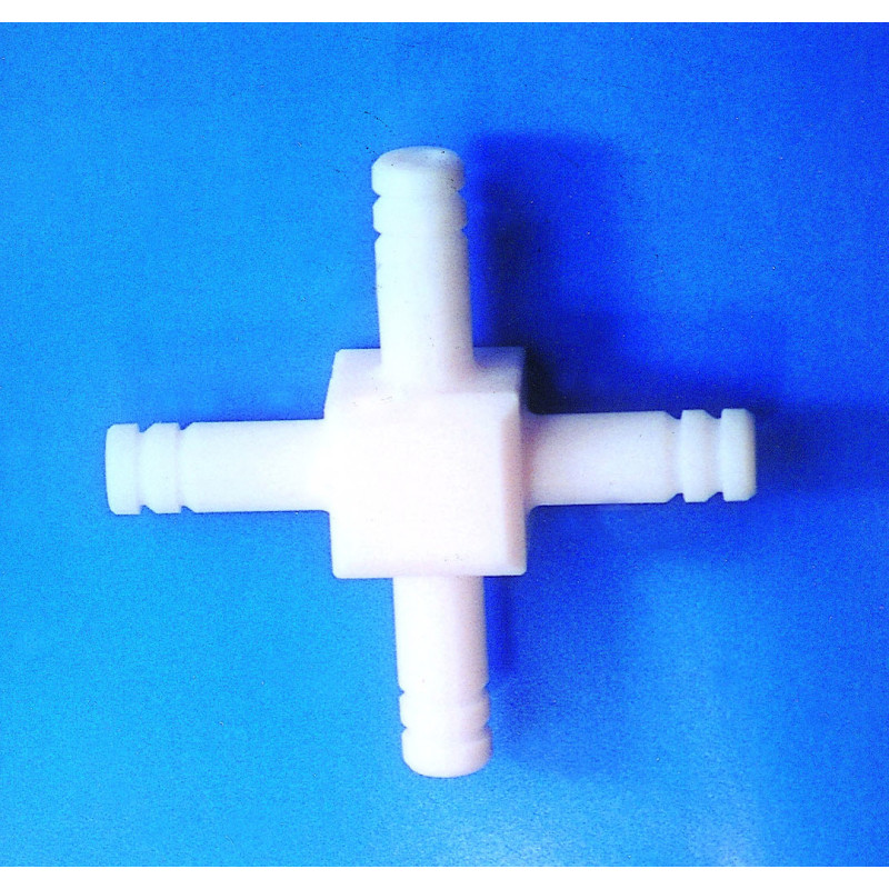 RACCORD CANNELE 4 VOIES EN CROIX EN PTFE POUR TUYAU DIAMETRE 9 mm