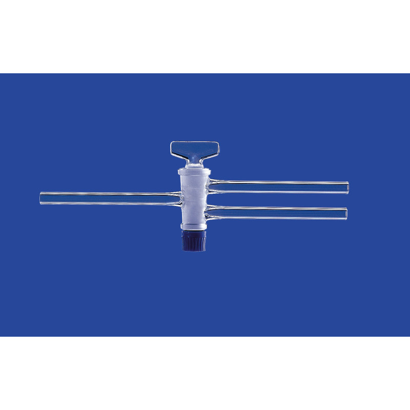 ROBINET EN VERRE BOROSILICATE A 2 VOIES AVEC CLE EN VERRE RODAGE 18,8 DIAMETRE INTERNE 4,0 MM