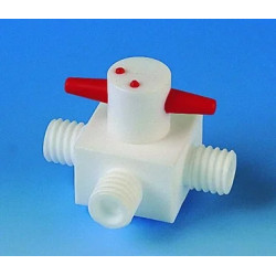 ROBINET 3 VOIES EN PTFE, ALESAGE EN L, AVEC RACCORD A VIS GL25