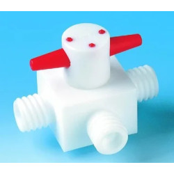 ROBINET 3 VOIES EN PTFE, ALESAGE EN T, AVEC RACCORD A VIS GL14