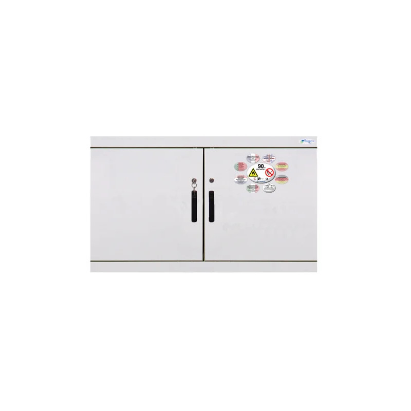 ARMOIRE DE SECURITE ANTI FEU 30 MINUTES BASSE 56 LITRES, 2 PORTES / 2 COMPARTIMENTS INFLAMMABLES / ACIDES, SERIE 7.EN PRE-EQUIPEE CONFORME EN 14470-1