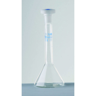 FIOLE JAUGEE EN VERRE BOROSILICATE ISOLAB 1 ml, COL RODE 7/16 FORME TRAPEZOIDALE, CLASSE A, BOUCHON 